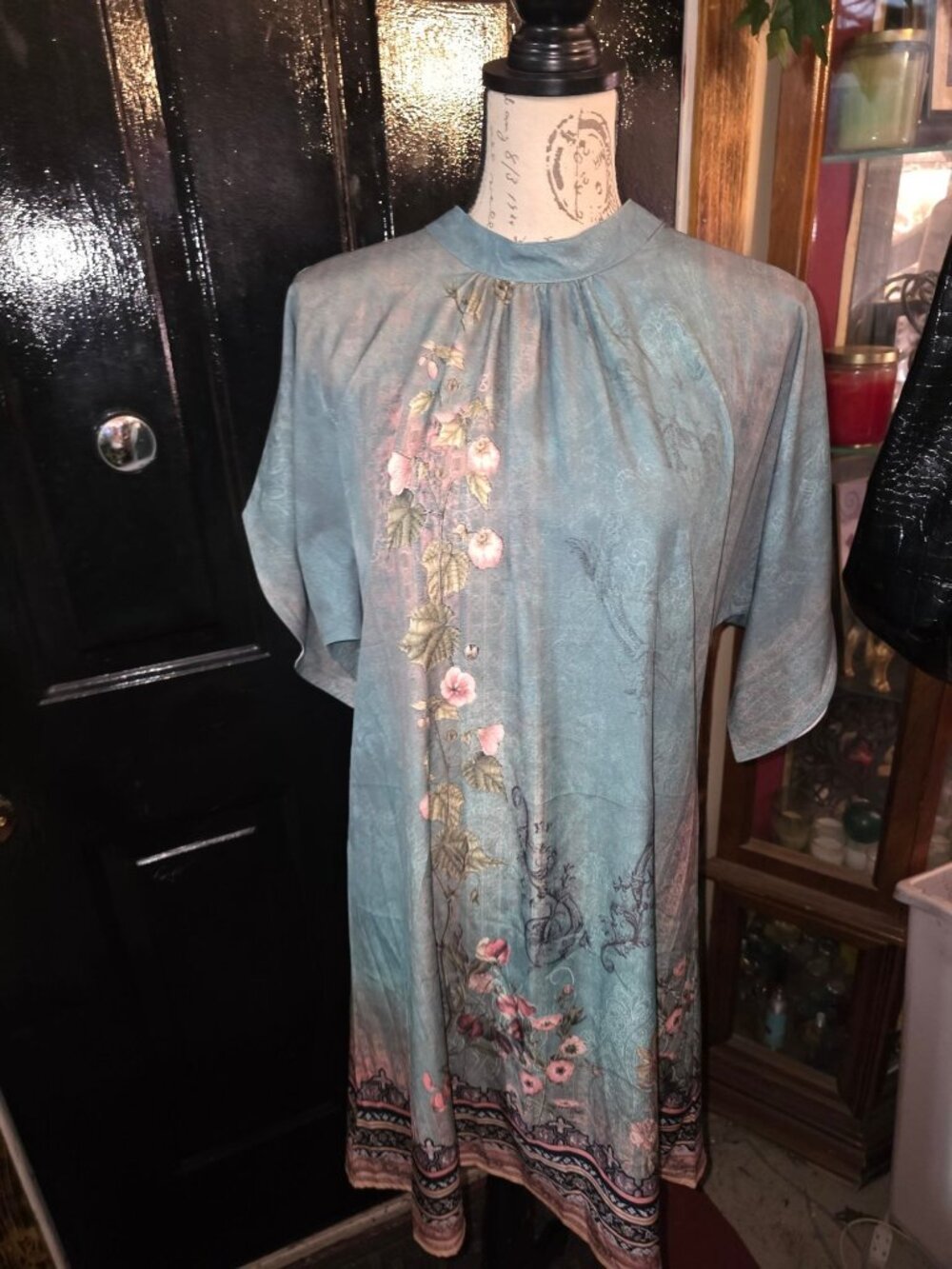 Floral Print Teal Dress With Button Back Closure & High Collar Medium Lightweigh